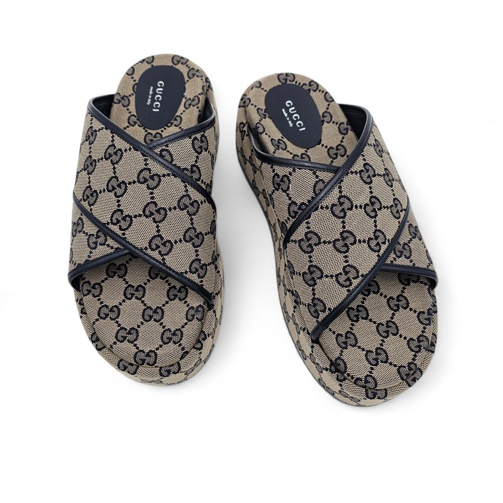Gucci GG Monogram Criss Cross Platform Slide Sandal Beige Blue Size 40 US 10